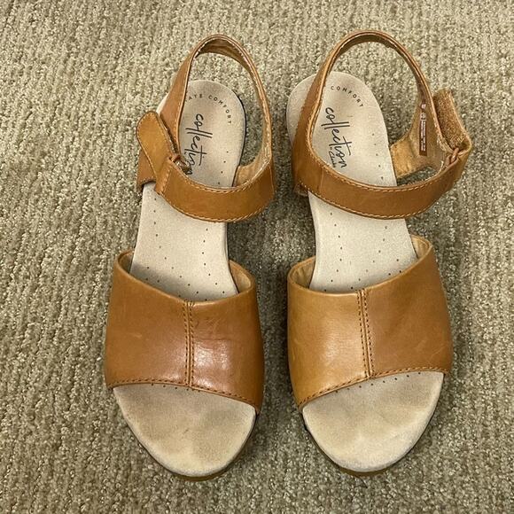 Clarks Collection Cork Wedge Sandals 7.5M Leather Hook & Loop Comfort Tan - Picture 3 of 9